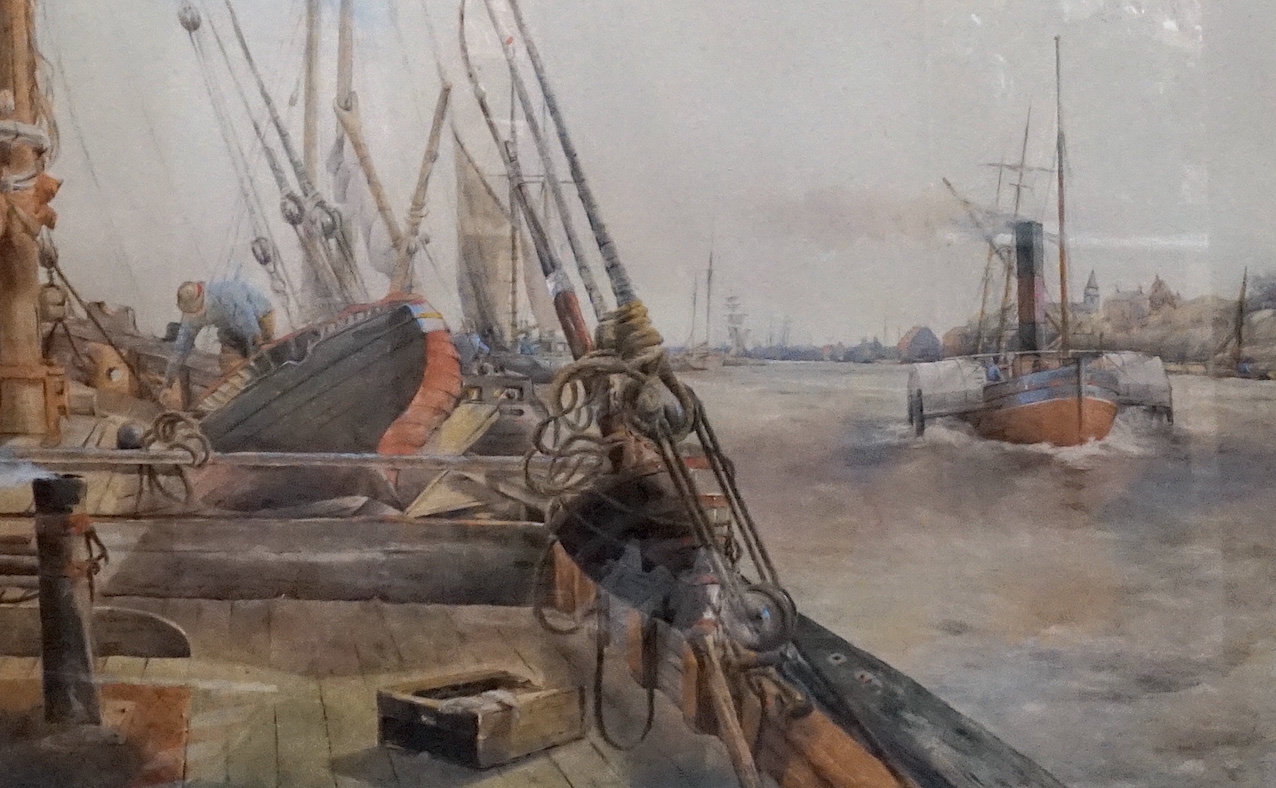 Robert Frank Thirkettle (1849-1916), watercolour, Paddle-steamer viewed from the deck of another ship, signed, 56 x 75cm